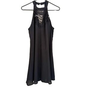 Boho Black Halter Mini Dress M Crochet Lace Sleeveless Whimsigoth Fairy Grunge
